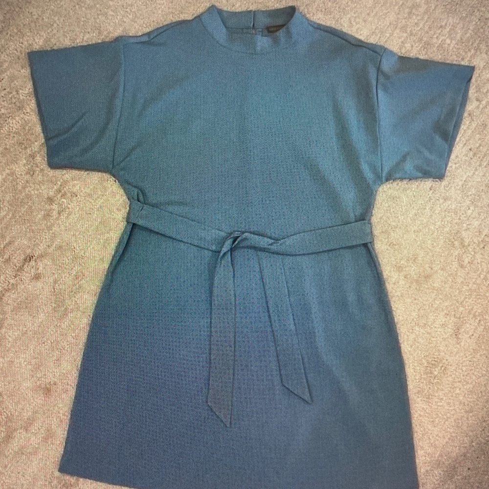 Vince Camuto Teal Knit Short-Sleeve Belted Mini Dress